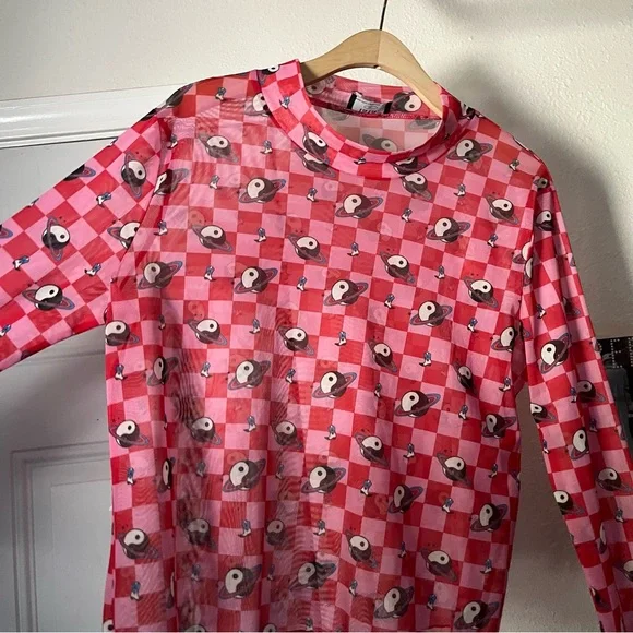 DRESSED IN LALA pink yin yang space cowboy cowgirl checker mesh sheer top - Picture 3 of 6